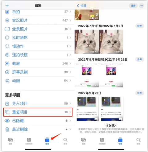 长阳苹果手机维修分享iOS 16 中相册重复项目功能使用方法 