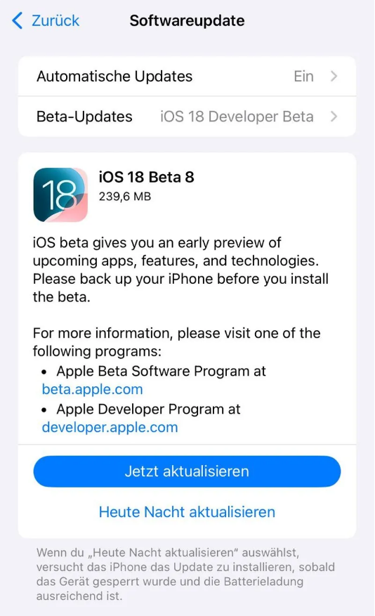 长阳苹果手机维修分享苹果 iOS / iPadOS 18 开发者预览版 Beta 8 发布 